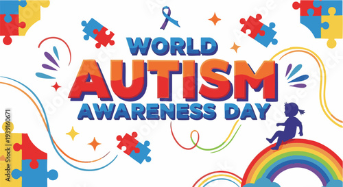 World Autism Awareness Day puzzle pieces in vibrant colors with rainbow and child silhouette in playful illustration for social media campaign