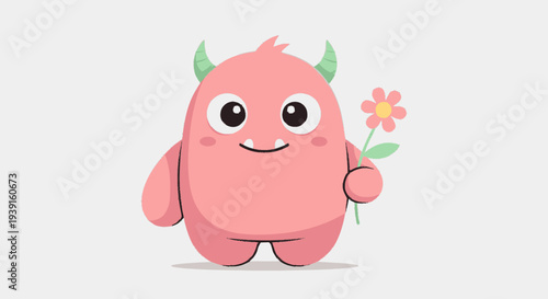 Cartoon Monster Holding Flower Pink Character.