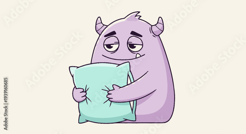 Cartoon Monster Holding Pillow with Joy.