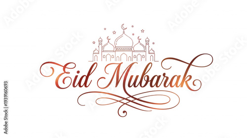 Elegant eid mubarak design with mosque silhouette and ornate lettering against black backdrop perfect for islamic celebration
