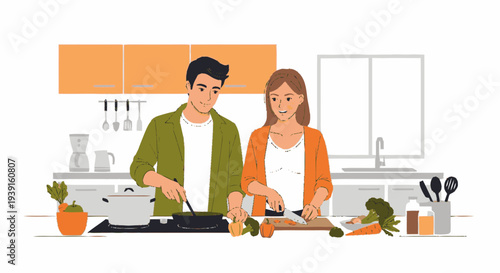 Couple Cooking Together in Modern Kitchen.