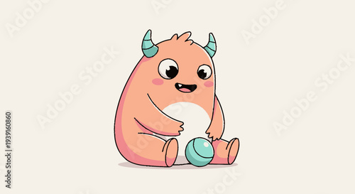 Cute Cartoon Monster with Horns and Ball.