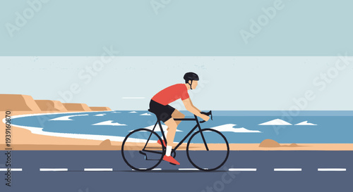 Cyclist Riding Bike on Road by Ocean.