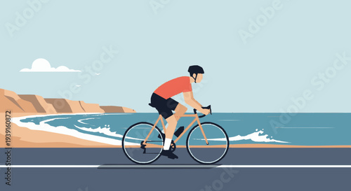Cyclist Riding Bike on Coastal Road.