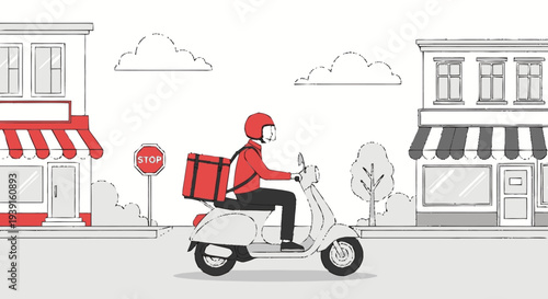 Delivery Man Riding Scooter with Package.