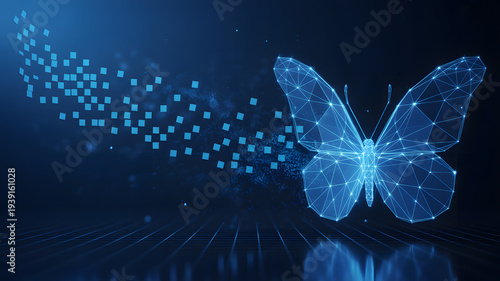 A futuristic digital butterfly emerges from a trail of blue pixels in a dark background