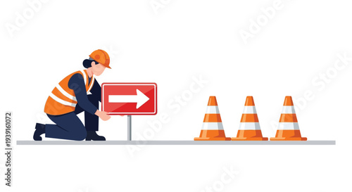 Construction worker installing road sign vector