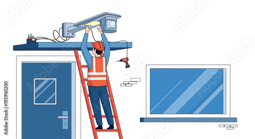 Worker installing security camera on building vector