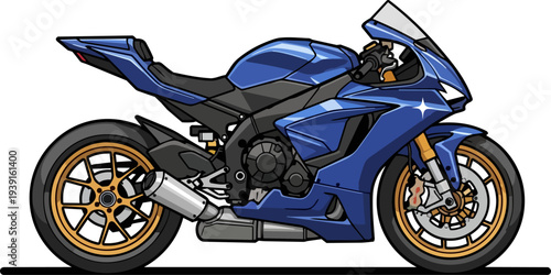 Blue sports motorcycle illustration viewed from the side on a plain surface