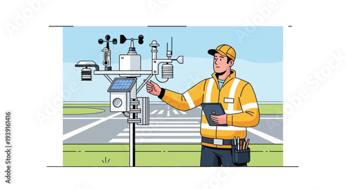 Engineer monitoring weather station equipment vector