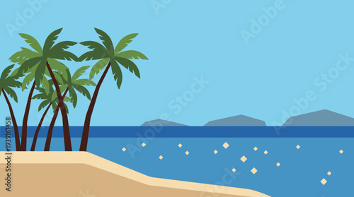 Tropical beach scene with palm trees and calm ocean waters.