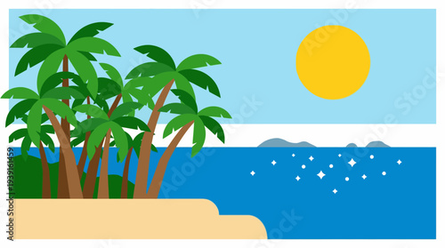 Tropical beach scene with palm trees and sunny sky.