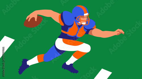American Football Player Running with Ball on Green Field.