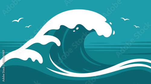 Large ocean wave crashing with seagulls flying above.