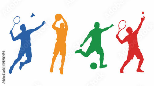 Colorful silhouettes of athletes playing various sports.