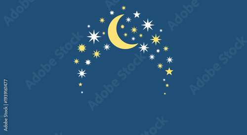 A beautiful crescent moon and twinkling stars arching over a dark blue background, symbolizing the blessings of Ramadhan and the joyous celebrations of Eid