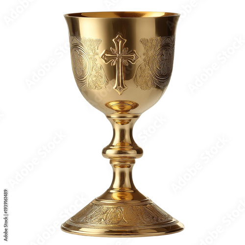 Ancient golden chalice with embossed cross isolated on transparent background, vintage brass goblet for religious ceremonies, ornate royal trophy cup, high-quality 3D render generative AI.