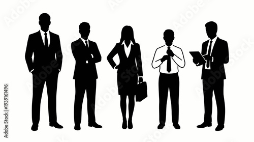 Silhouettes of five business professionals standing in a row.