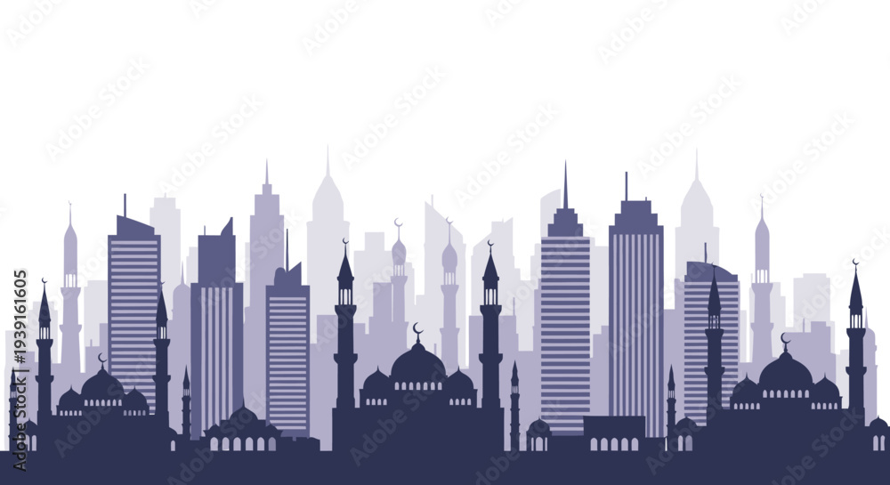 Obraz premium Ramadhan and Ied celebrations in a modern city skyline silhouette, a symbol of community and faith during holy months