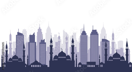 Ramadhan and Ied celebrations in a modern city skyline silhouette, a symbol of community and faith during holy months