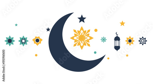 Islamic crescent moon and stars decorations for Ramadhan and Eid celebrations, a beautiful festive illustration suitable for greeting cards and digital media