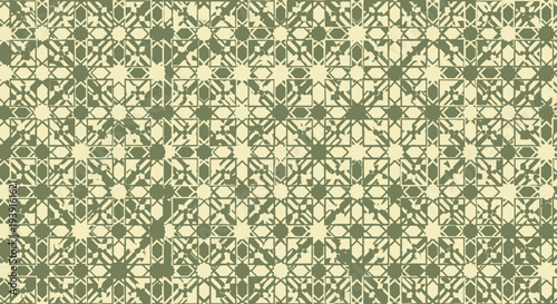Seamless Ramadhan and Ied geometric pattern background in muted green and beige tones with a distressed texture, evoking a sense of tradition and celebration