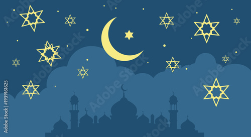 Festive Ramadhan and Ied Celebration Under a Starry Night Sky with Crescent Moon and Mosque Silhouettes