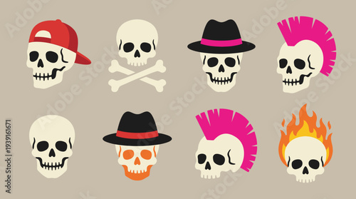 Collection of decorative skulls with various hats and accessories.