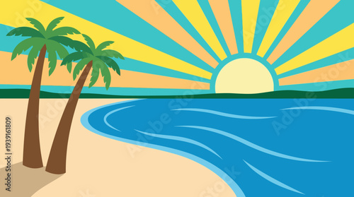 Tropical beach scene with palm trees and sunrise over the ocean.