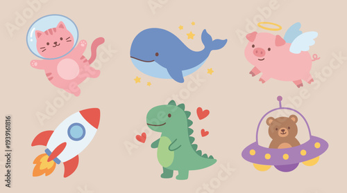 Cute cartoon animals in space with various vehicles and accessories.