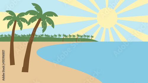 Tropical beach scene with palm trees and sunny sky.