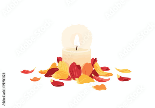 A single lit candle nestled amongst scattered rose petals, creating a tranquil and romantic ambiance