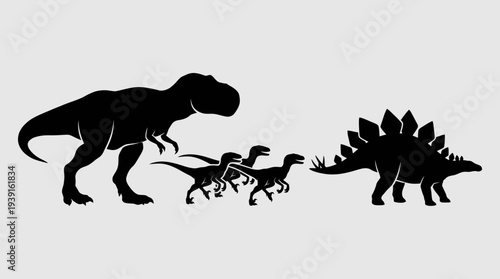Silhouette of dinosaur family with T-Rex and Stegosaurus.