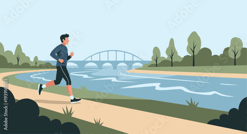 Man Running Along Riverside Path Illustration.