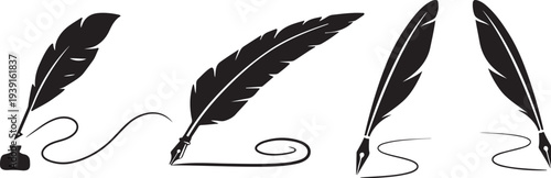 Four black feathers falling with ink splatter isolated on transparent background