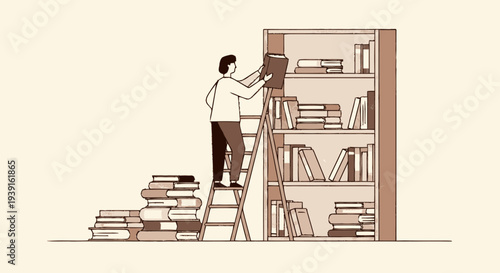 Man Standing on Ladder Reaching for Book.