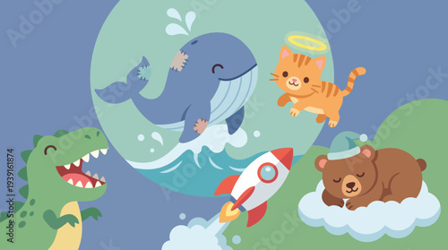 Whimsical cartoon animals and rocket in a fantastical scene.