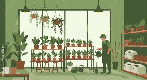 Man Tending to Potted Plants Indoors.