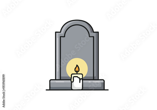 A solemn memorial scene featuring a gravestone with a lit candle casting a warm glow, evoking feelings of remembrance and respect for the departed