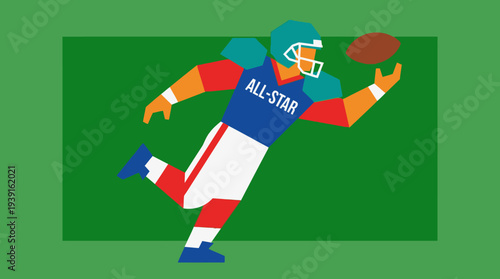 American Football Player Throwing Ball on Green Field.