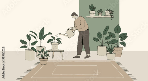 Man Watering Indoor Plants with Care.