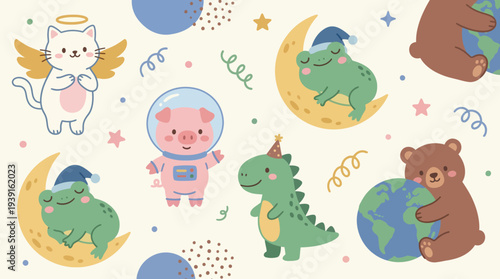 Whimsical cartoon animals and objects in space theme seamless pattern.