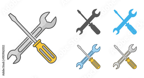 Set of 6 crossed wrench and screwdriver tools vector icons