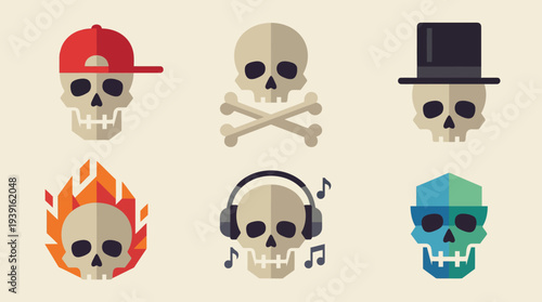 Six cartoon skulls with different accessories and designs.