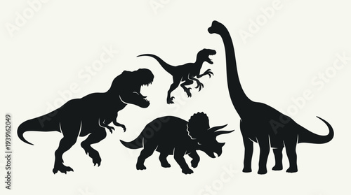 Silhouettes of various dinosaurs standing together in a group.