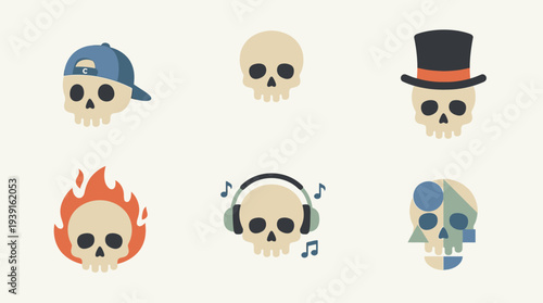 Set of six cartoon skulls with different accessories and expressions.
