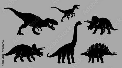 Silhouettes of various dinosaurs on a gray background.