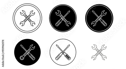 Set of 6 crossed wrench and screwdriver tools vector icons