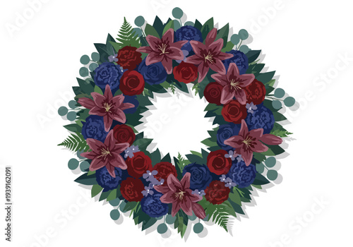 Beautiful Floral Wreath of Deep Red Lilies and Blue Roses with Greenery, a Circular Arrangement for Decoration or Remembrance
