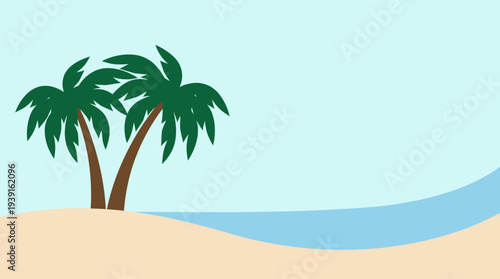Tropical island with palm trees and sandy beach.
